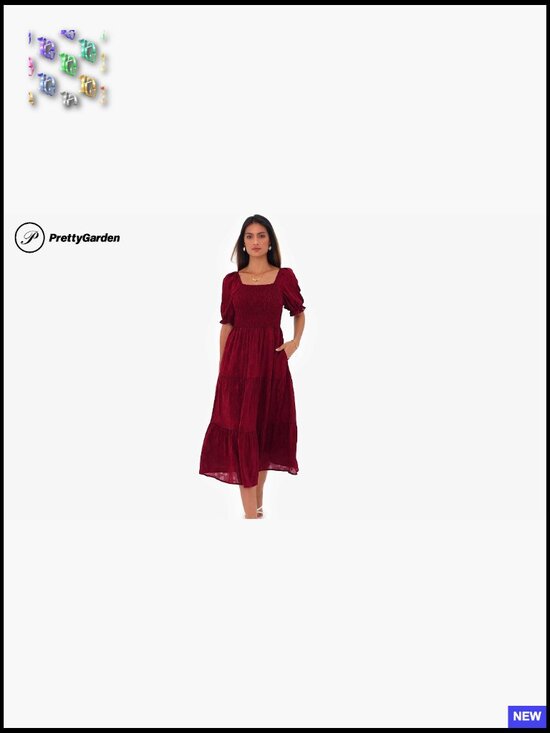 Floral Smocked Midi Dress Square Neck Boho Elegant Summer Casual Flowy - Picture 7 of 7